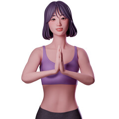 Fototapeta premium portrait, half body of beauty sport girl in sport wear doing folded hand, salutation pose, namaste, 3D character render