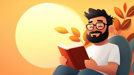 A man with glasses and a beard is reading a book indoors, surrounded by warm tones and smiling contentedly, highlighting the comfort and enjoyment of quiet reading time.