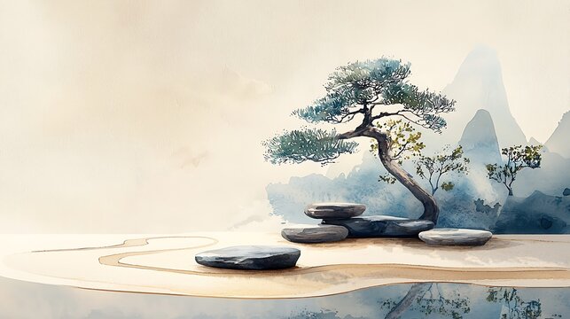 A zen garden watercolor illustration, featuring a bonsai tree and stone path, creates a peaceful, abstract scene.