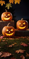 Decorative Halloween pumpkins with carved faces, autumn leaves, and a lantern