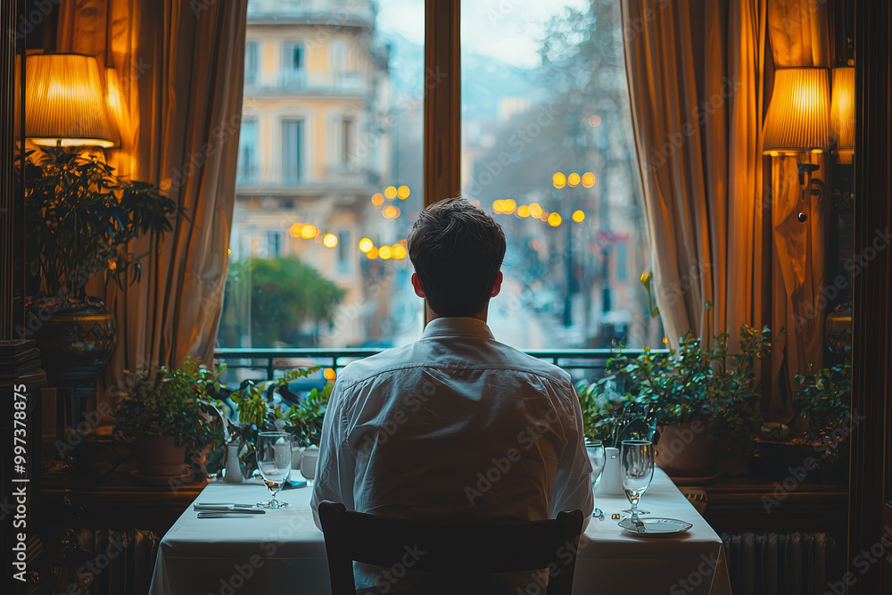 Poster a man sitting alone at a dining table set for two, looking at the empty seat in front of him. concep