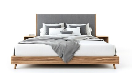 Fototapeta premium Modern bed with gray and white linen, wooden headboard isolated on white background 