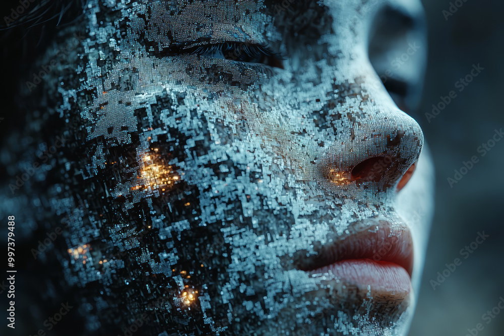 Poster a human face partially pixelated, representing the integration of consciousness and digital technolo