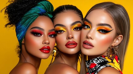 Obraz premium Beautiful women with vibrant makeup and stylish hairstyles showcase bold, fashionable looks.