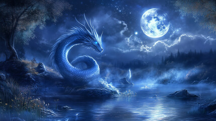 blue dragon under the moon light