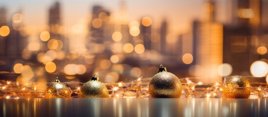 Golden Christmas Ornaments with City Lights in the Background