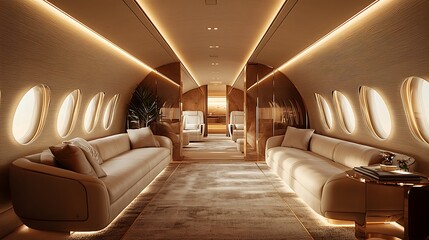 The luxurious interior of a private jet boasts beige sofas and gold accents, epitomizing elite travel.