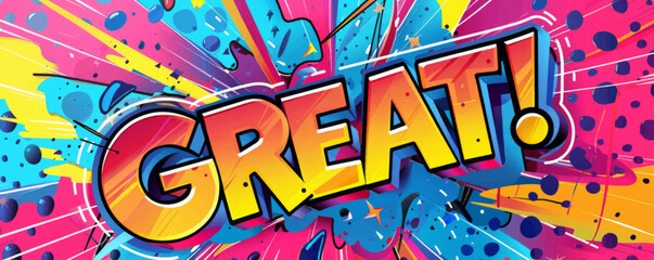 Energetic pop art background with "GREAT!" inside. Fun visuals, Abstract shapes, Bright vector