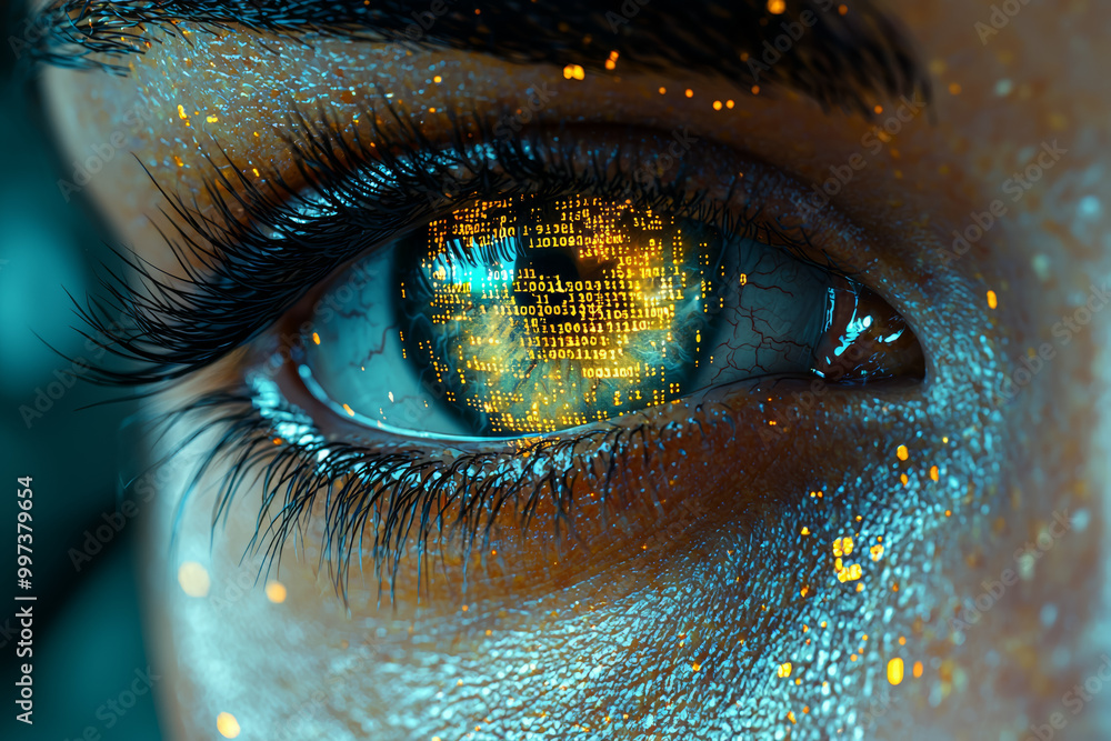 Poster a human eye that reflects computer code, symbolizing the connection between visual perception and da