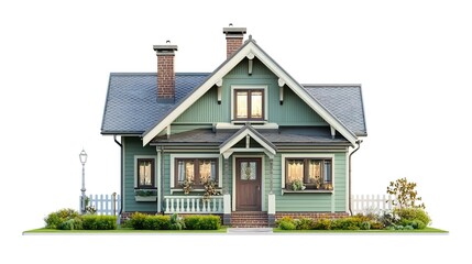 luxury classic light green chalet house with classic garden lamp isolated on white background -- 