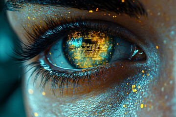 A human eye that reflects computer code, symbolizing the connection between visual perception and data processing. Concept of AI and human interaction.