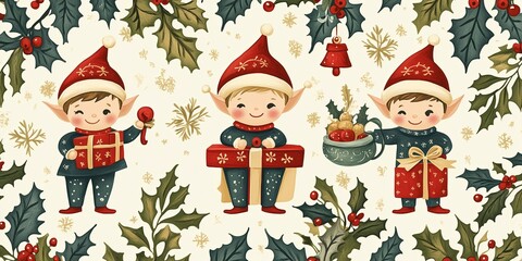 Fototapeta premium A charming holiday-themed illustration featuring three adorable elves dressed in red winter hats and cozy scarves, holding gifts and books. 