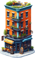 Fototapeta premium Stylized Cartoon-Style Building Model with Detailed Facade and Balcony.