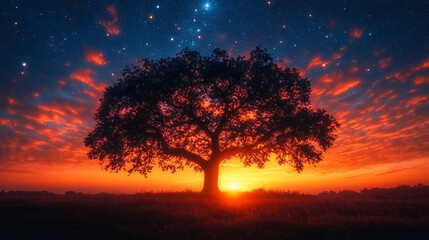Fototapeta premium A tree stands in the center of a field, with a stunning sunset in the background.