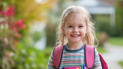 Child smiling backpack lunchbox posing school entrance bright atmosphere. AI generated