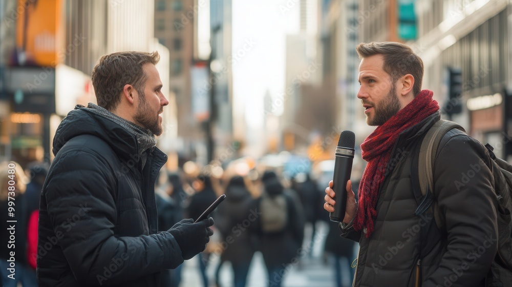 Poster an expert shares insights on trends while being interviewed by a journalist on a busy urban street f