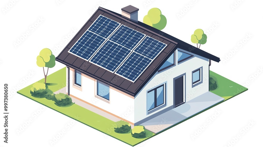 Wall mural Isometric diagram of a solar cell system for a house on isolated white background  