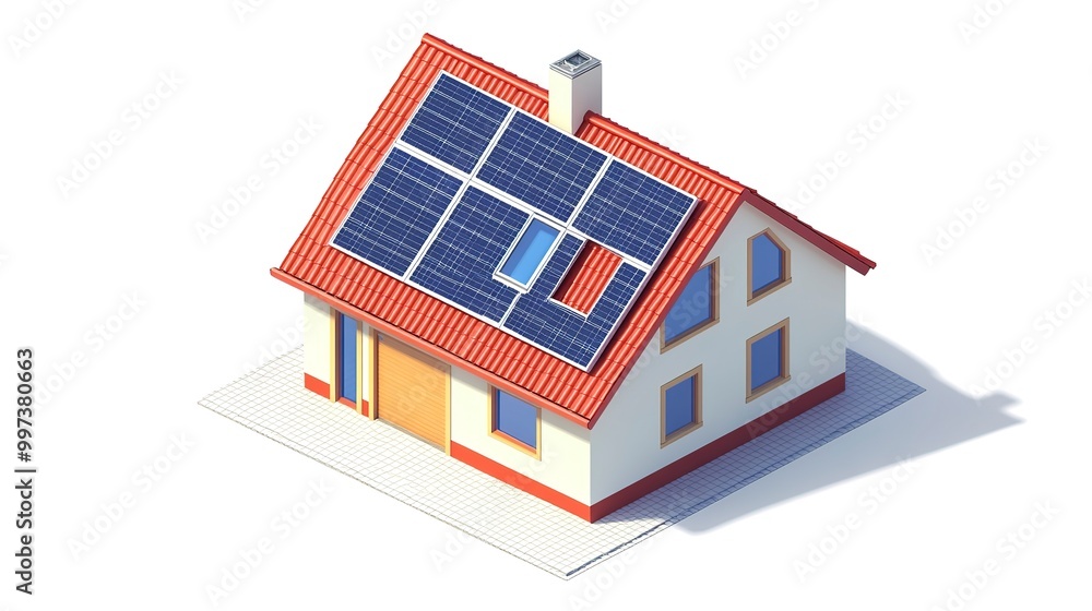 Canvas Prints Isometric diagram of a solar cell system for a house on isolated white background  