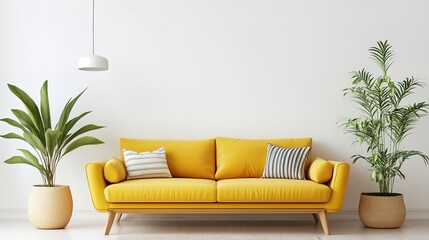 Interior of living room modern style with yellow sofa and houseplant on white background 