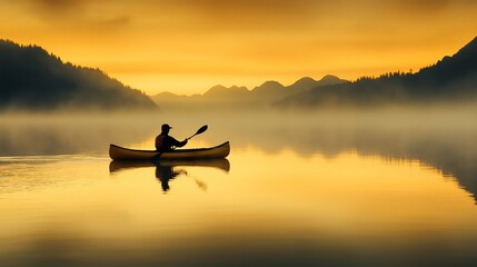 Kayaker paddling serene lake sunrise glowing water calm landscape morning. AI generated
