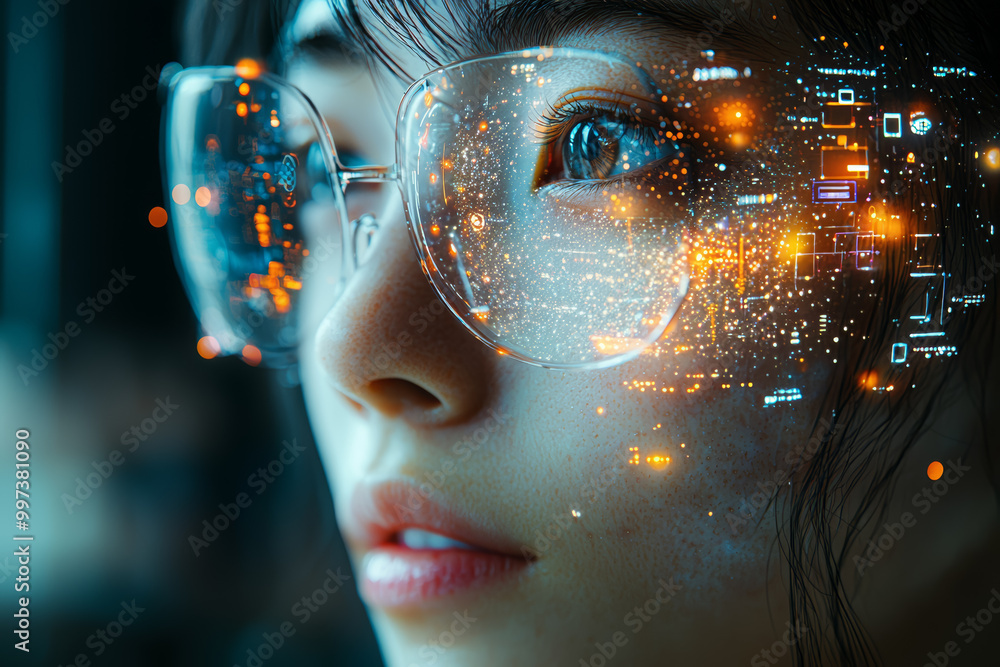 Poster a digital interface projected from a person's mind, allowing them to interact with data and machines
