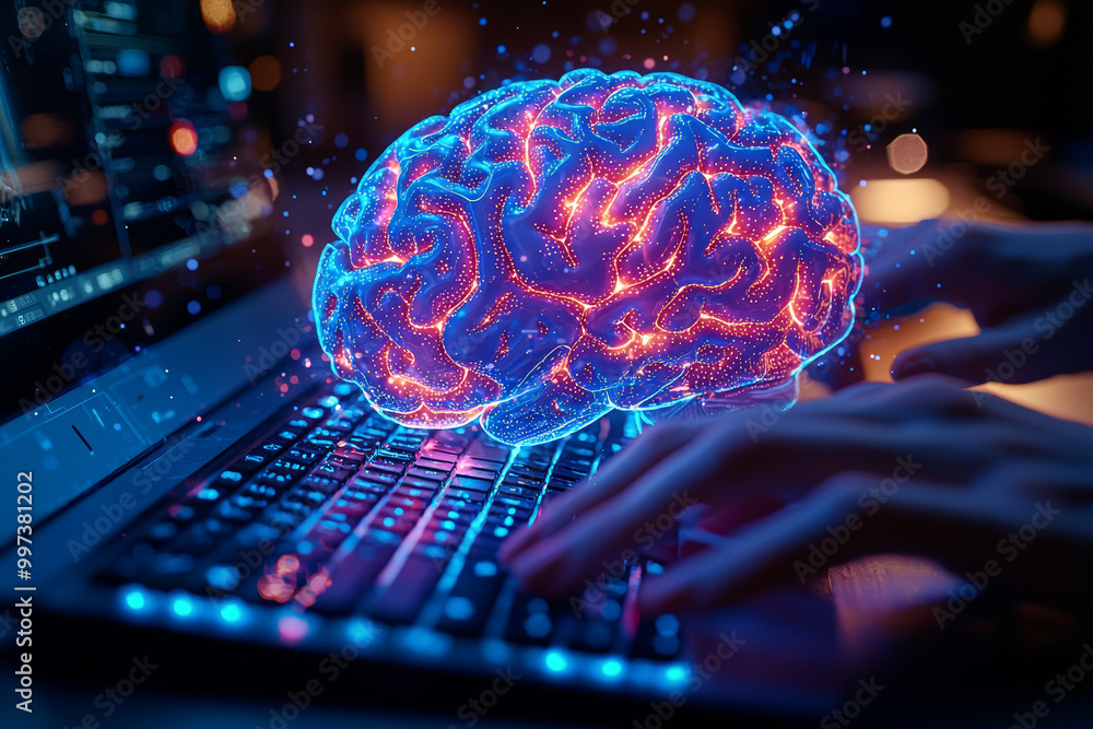Aufkleber a digital brain evolving from human hands as they type on a keyboard, symbolizing creativity and tec