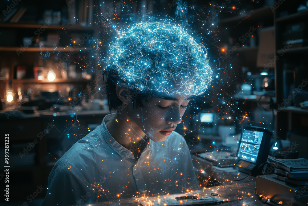 Poster a digital brain floating above a person's head, with glowing wires connecting to various devices aro