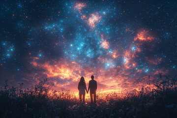 Fototapeta premium A couple watching the stars together, holding hands and smiling at the beauty of the night sky. Concept of romance and happiness.