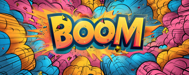 Abstract pop pop art background with "BOOM" inside. Explosion theme, Dynamic graphics, Vibrant vector
