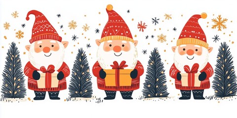 A charming illustration of three festive gnomes, each holding a beautifully wrapped gift.