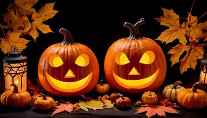 Fototapeta premium Decorative Halloween pumpkins with carved faces, autumn leaves, and a lantern