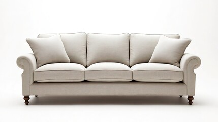 Front view of light beige fabric sofa with 3 seats, white background, and pillow.  