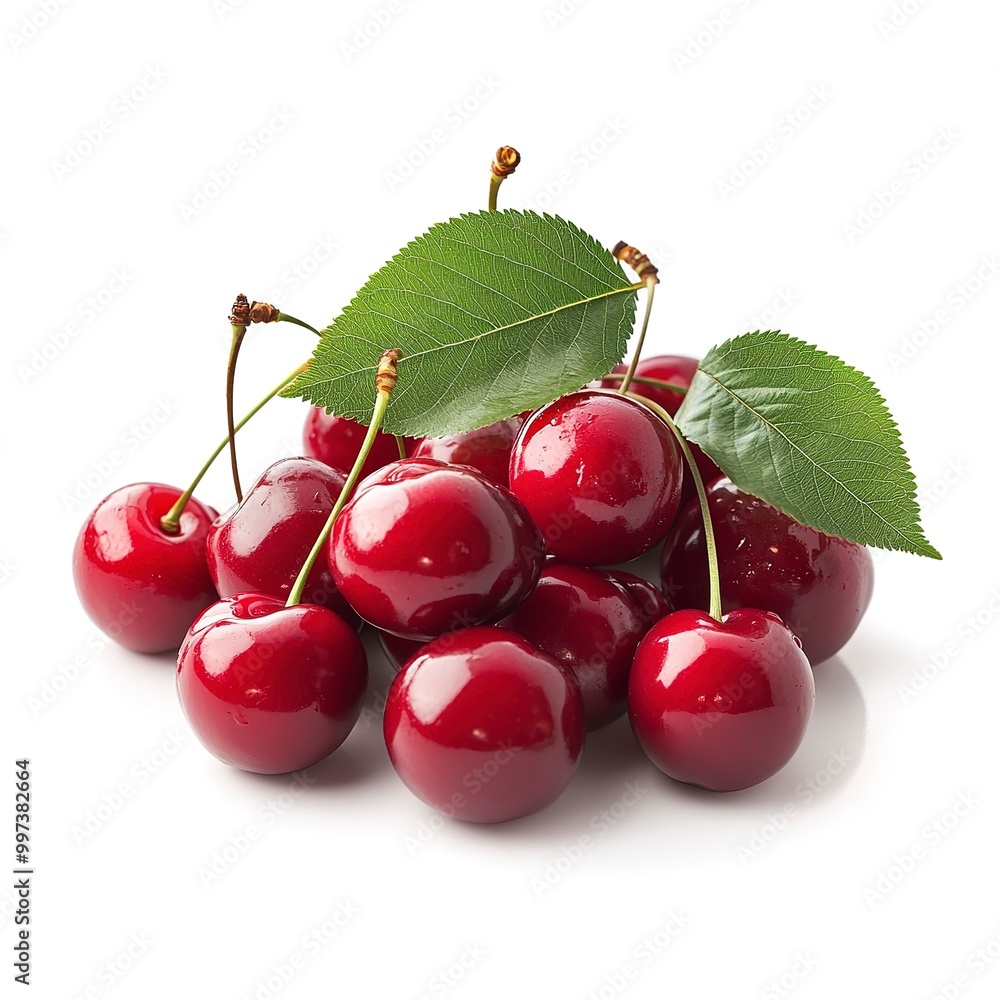 Canvas Prints Fresh cherries with leaves isolated on white background.  