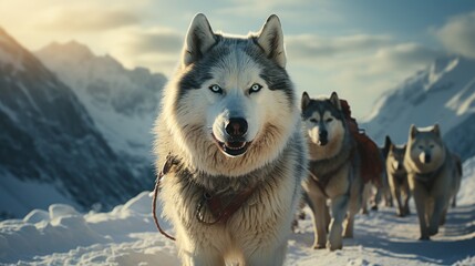 Naklejka premium Siberian Husky Sled Dog Team in Snowy Mountain Landscape