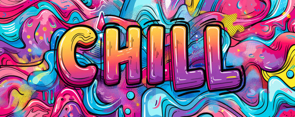 Colorful pop art background with "CHILL" inside. Dynamic patterns, Bold graphics, Vibrant vector