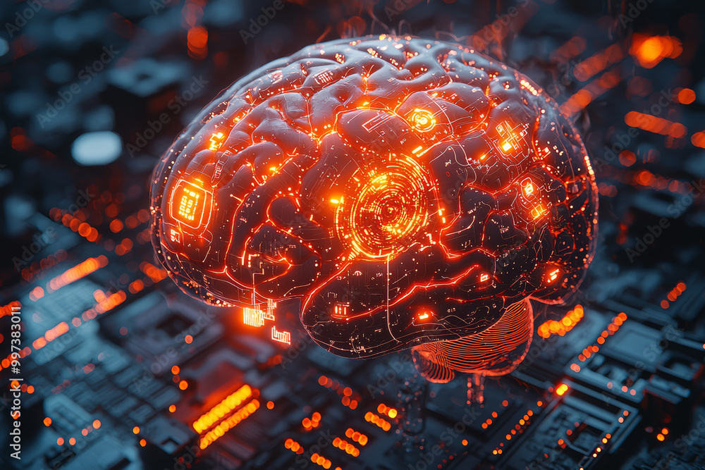 Poster a brain scan image transitioning into a digital matrix, representing the fusion of human thought and