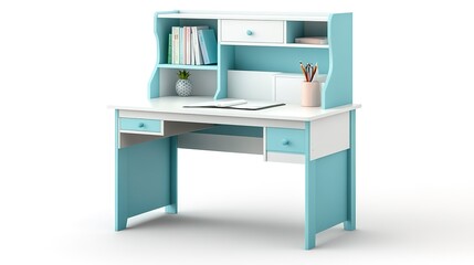 Fototapeta premium elegant white and light blue wooden kids study desk with bookshelf two tier isolated on white background 
