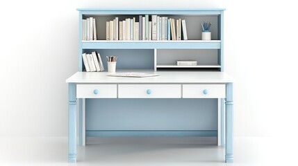 elegant white and light blue wooden kids study desk with bookshelf two tier isolated on white background  