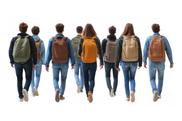Young students walking together on a sunny day with trees in background.