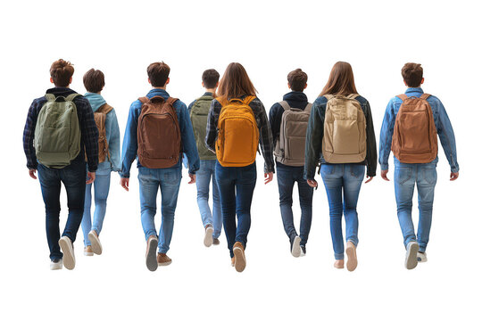 Young students walking together on a sunny day with trees in background.