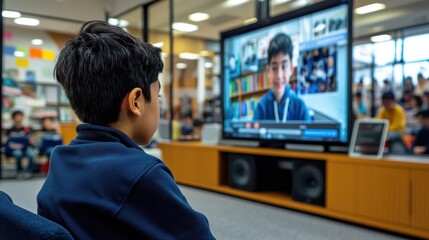 Fototapeta premium A boy is watching a video on a television in a library