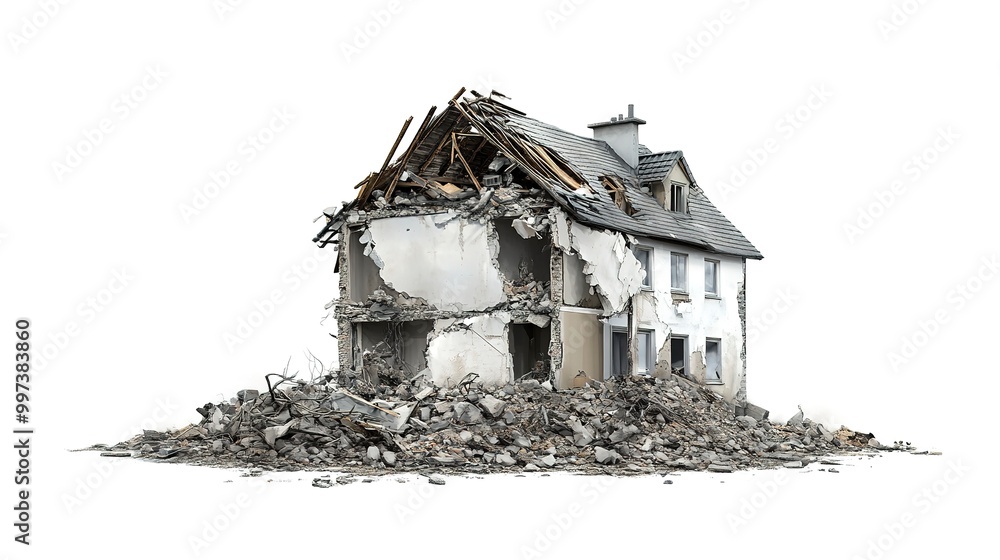 Poster Demolished house isolated on white background  