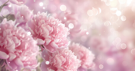 beautiful pastel pink peonies background with blurred bokeh lights and white glitter, romantic wedding card template design, banner for love, romance or valentine's day
