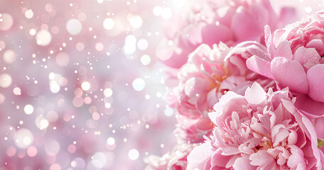 beautiful pastel pink peonies background with blurred bokeh lights and white glitter, romantic wedding card template design, banner for love, romance or valentine's day