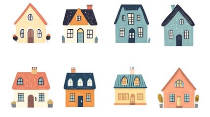 Cute tiny houses. Cartoon small town houses, minimalism city buildings. Isolated on a white background. 