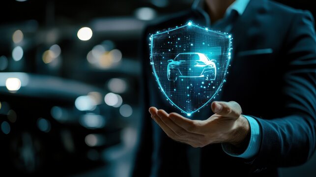 A business person holds a holographic car shield, symbolizing automotive security, insurance and innovation.
