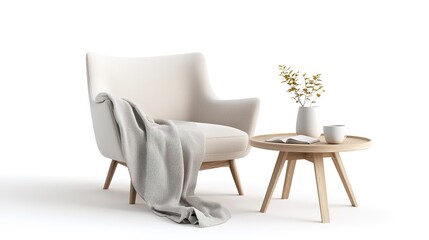 Cozy armchair and coffee table isolated on white background 