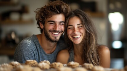 A happy couple smiles joyfully, surrounded by freshly baked goods, capturing a moment of love and shared delight in a warm, inviting kitchen.
