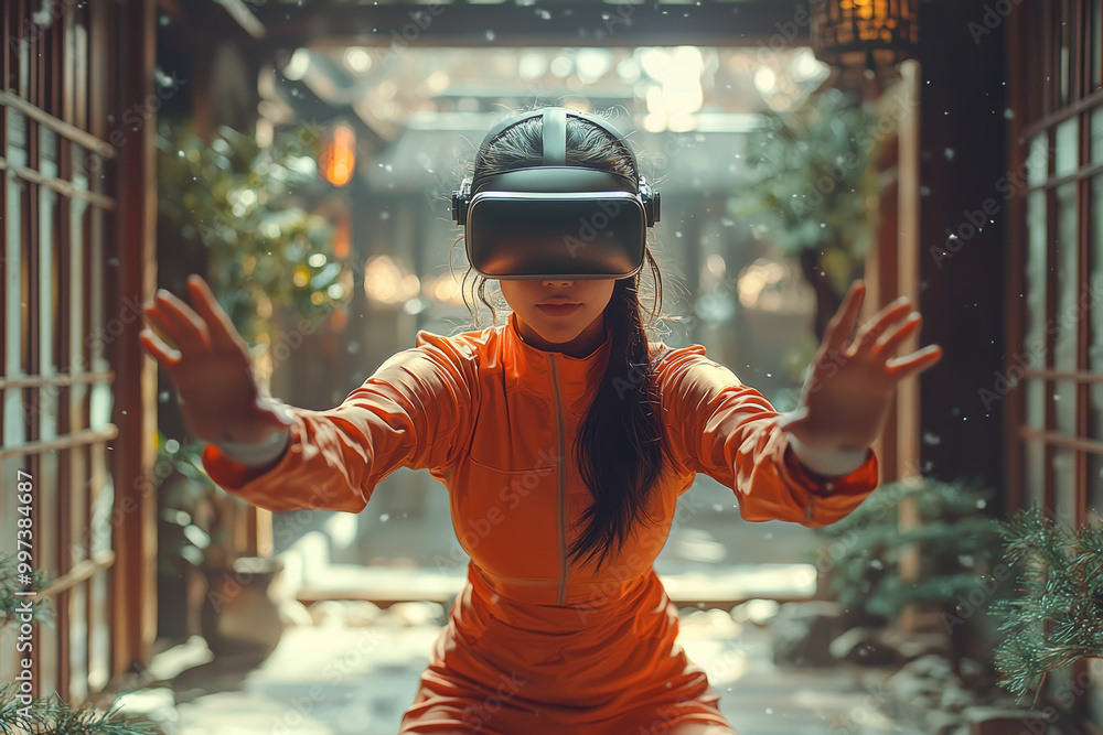 Poster a vr fitness application in use, with a person performing dynamic exercises in a simulated environme