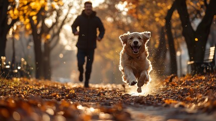 ### Description
A man runs joyfully with a golden retriever through a scenic autumn park, surrounded by colorful leaves.